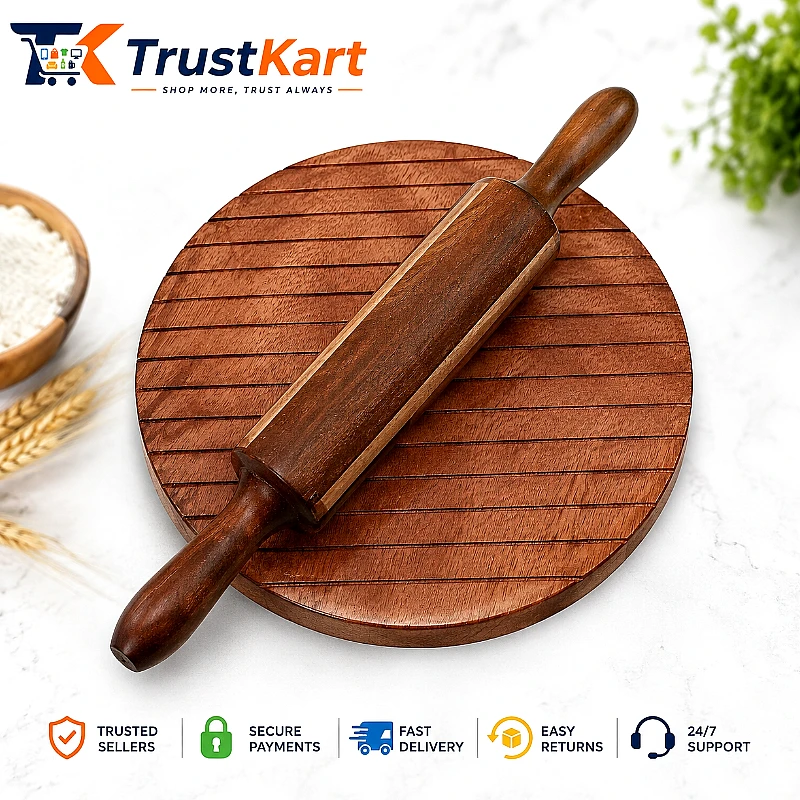 12″ Round Wooden Roti Board & Rolling Pin - Product Image