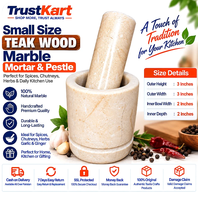 3 × 3 Teak Wood Style Marble Mortar & Pestle - Product Image