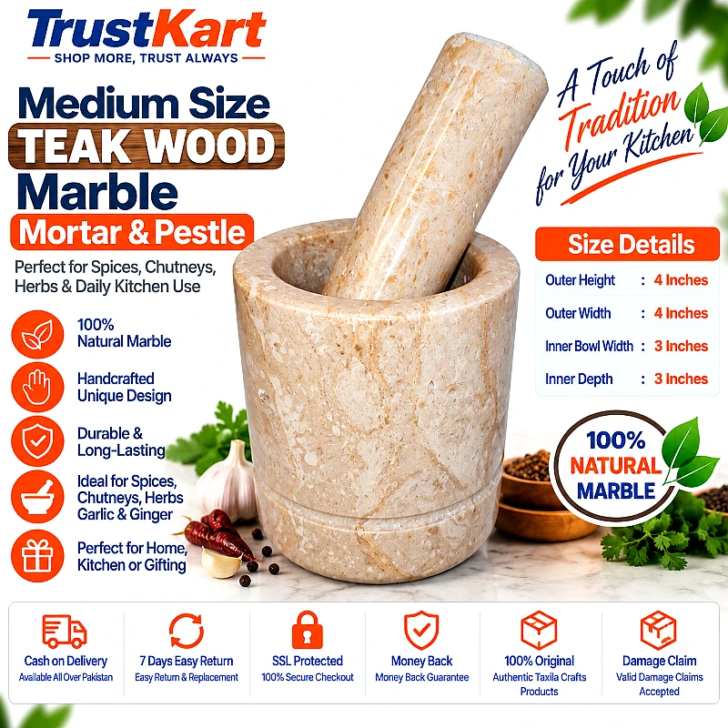 4 × 4 Teak Wood Style Marble Mortar & Pestle - Product Image