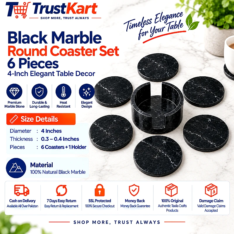 4 Black Marble Round Coaster Set - Product Image