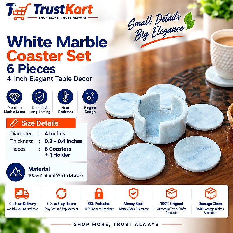 4 White Marble Round Coaster Set  - Product Image