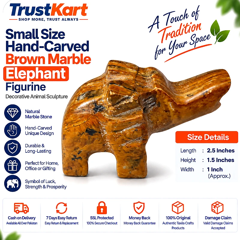 Small Size Hand-Carved Brown Marble Elephant Figur - Product Image